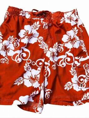 Men's Large Orange White Floral Sonoma Swimsuit Trunks Hawaiian